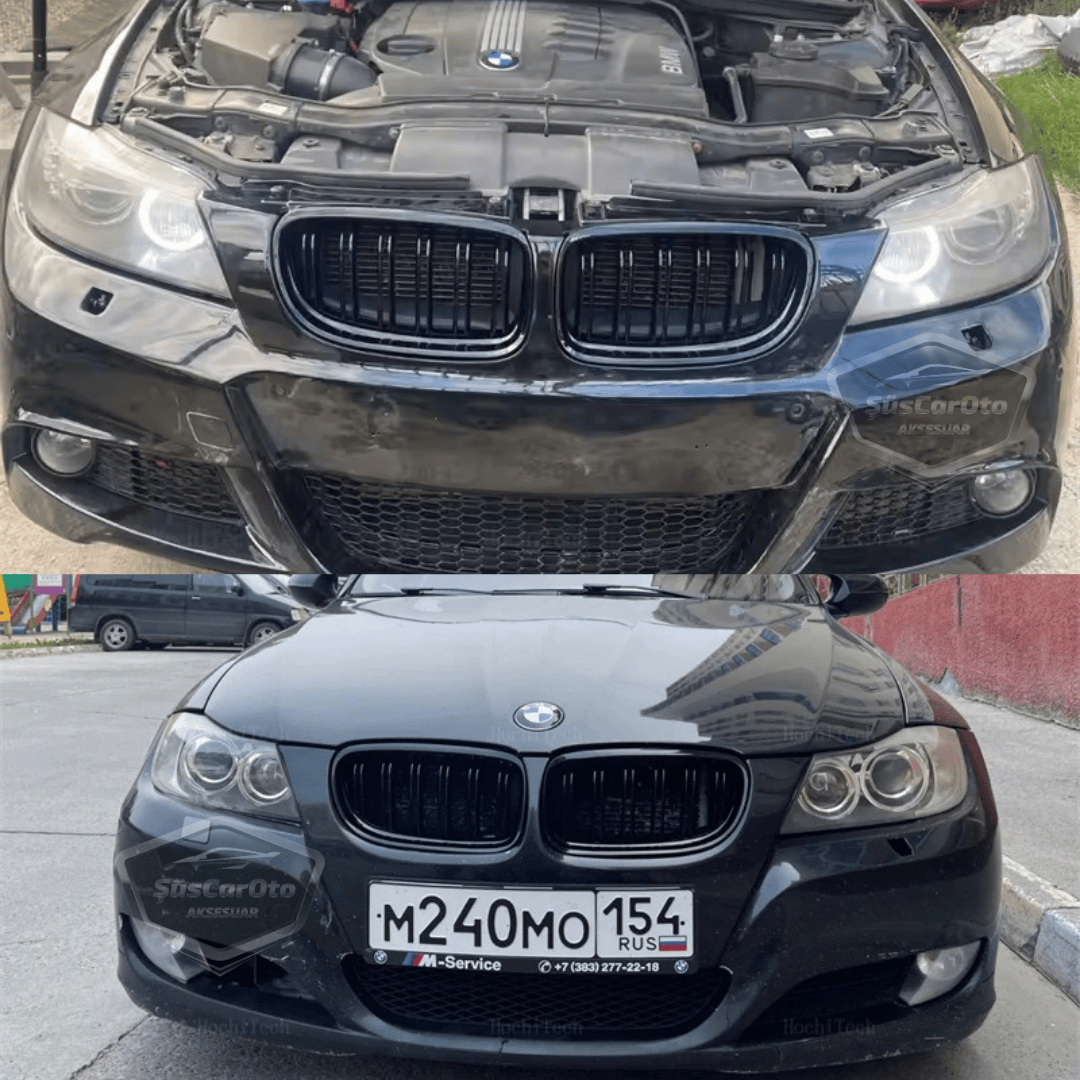 BMW Serie 3 E90 LCI 2008-2011 Compatible Rejilla Delantera Aspecto M3 Doble Línea Importado Negro Piano 1ª Clase Juego Derecho Izquierdo