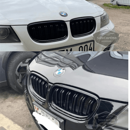 BMW Serie 3 E90 LCI 2008-2011 Compatible Rejilla Delantera Aspecto M3 Doble Línea Importado Negro Piano 1ª Clase Juego Derecho Izquierdo
