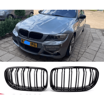 BMW Serie 3 E90 LCI 2008-2011 Compatible Rejilla Delantera Aspecto M3 Doble Línea Importado Negro Piano 1ª Clase Juego Derecho Izquierdo