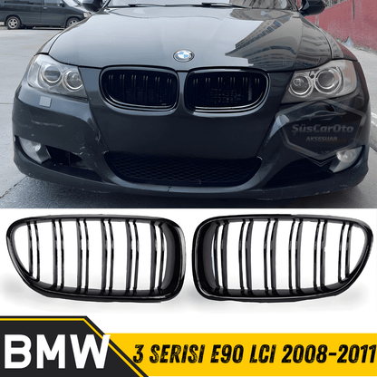 BMW Serie 3 E90 LCI 2008-2011 Compatible Rejilla Delantera Aspecto M3 Doble Línea Importado Negro Piano 1ª Clase Juego Derecho Izquierdo