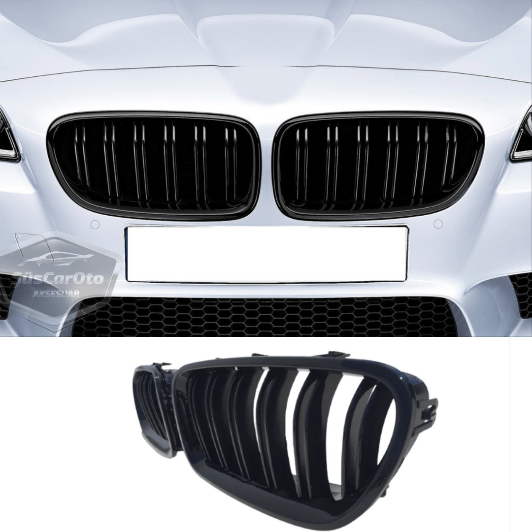 Rejilla delantera riñón compatible con BMW Serie 5 F10 2010-2017 Estilo M5 Doble línea Importado Negro piano 1ª clase Juego derecho e izquierdo