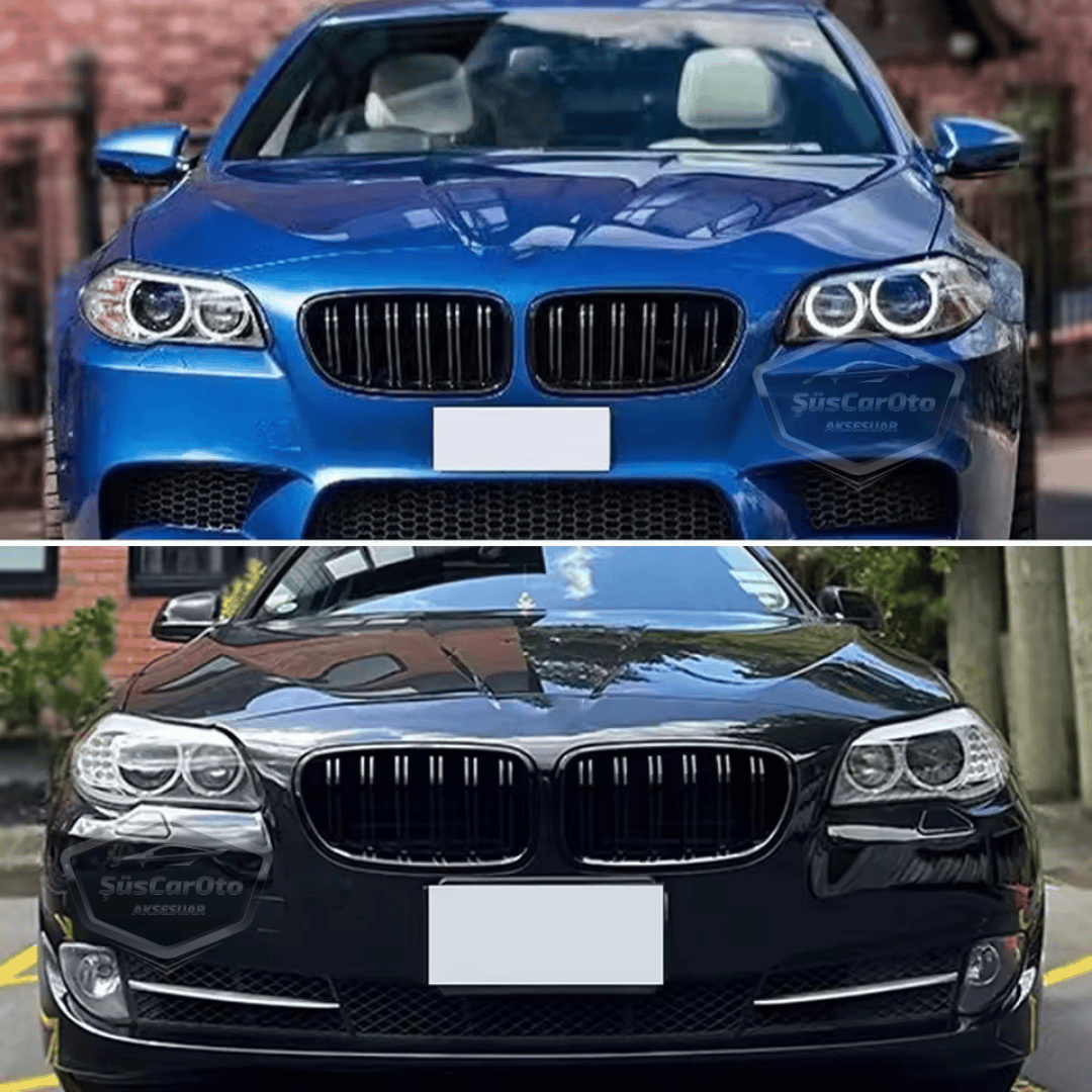 Rejilla delantera riñón compatible con BMW Serie 5 F10 2010-2017 Estilo M5 Doble línea Importado Negro piano 1ª clase Juego derecho e izquierdo
