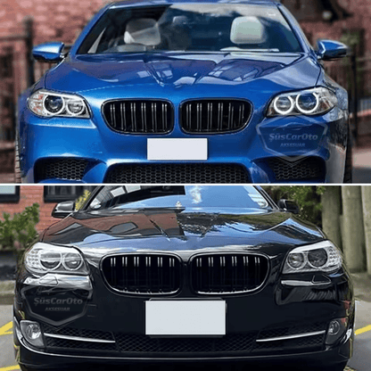 Rejilla delantera riñón compatible con BMW Serie 5 F10 2010-2017 Estilo M5 Doble línea Importado Negro piano 1ª clase Juego derecho e izquierdo