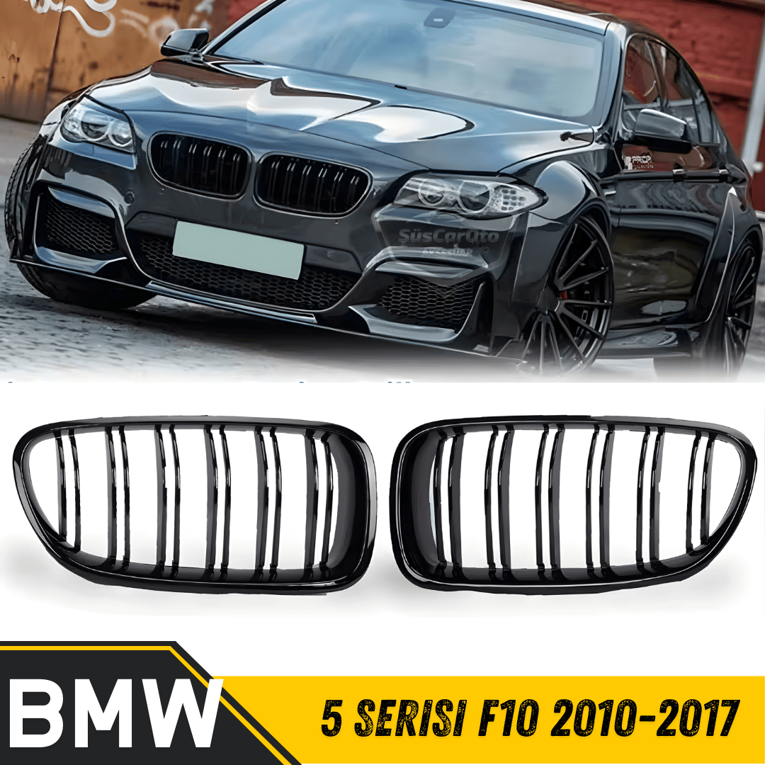 Rejilla delantera riñón compatible con BMW Serie 5 F10 2010-2017 Estilo M5 Doble línea Importado Negro piano 1ª clase Juego derecho e izquierdo