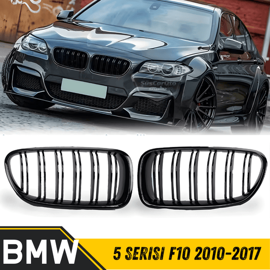Rejilla delantera riñón compatible con BMW Serie 5 F10 2010-2017 Estilo M5 Doble línea Importado Negro piano 1ª clase Juego derecho e izquierdo