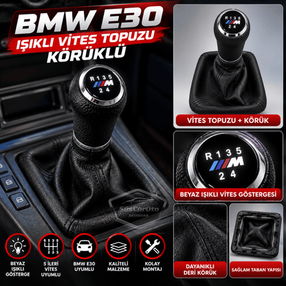 BMW E30 Uyumlu Led Işıklı Deri Vites Topuzu ve Körüğü Set Körüklü Vites Topuzu 5 İleri 1 Geri