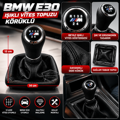 BMW E30 Uyumlu Led Işıklı Deri Vites Topuzu ve Körüğü Set Körüklü Vites Topuzu 5 İleri 1 Geri
