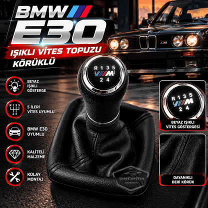 BMW E30 Uyumlu Led Işıklı Deri Vites Topuzu ve Körüğü Set Körüklü Vites Topuzu 5 İleri 1 Geri