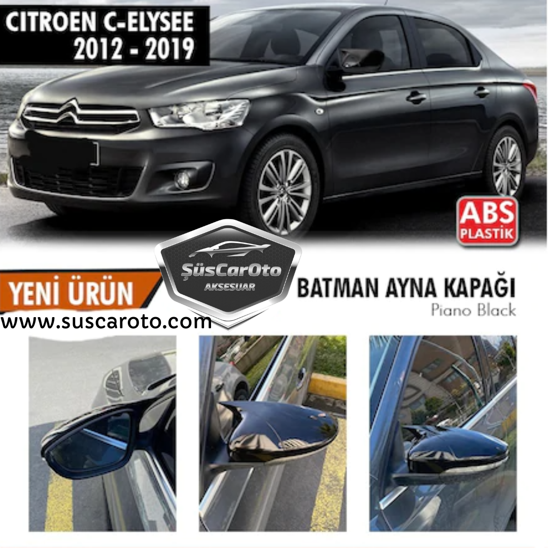 Citroen C Elysee 2012-2022 Cubierta de espejo Batman Murciélago Negro Piano Plástico ABS