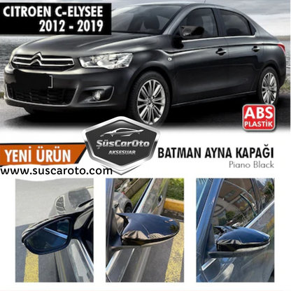 Citroen C Elysee 2012-2022 Cubierta de espejo Batman Murciélago Negro Piano Plástico ABS