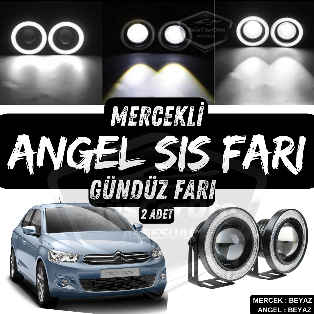 Faro Antiniebla Universal de Lente Bixenon Angel Eye Compatible con Citroen C Elysee 2012-2023, Impermeable, Metálico, 76 mm, Anillo Blanco, Luz Diurna Angel Eyes, 2 Unidades