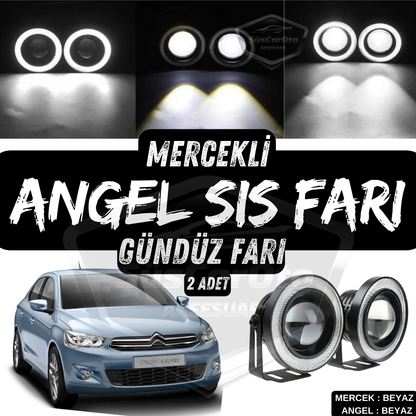 Faro Antiniebla Universal de Lente Bixenon Angel Eye Compatible con Citroen C Elysee 2012-2023, Impermeable, Metálico, 76 mm, Anillo Blanco, Luz Diurna Angel Eyes, 2 Unidades