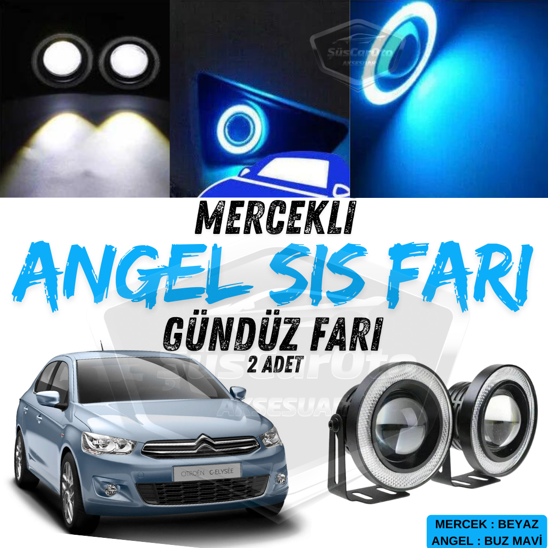 Faro antiniebla universal con lente de ángel para Citroen C Elysee 2012-2023, metálico, impermeable, 76 mm, con anillo azul hielo, luz diurna, Angel Eyes, 2 unidades