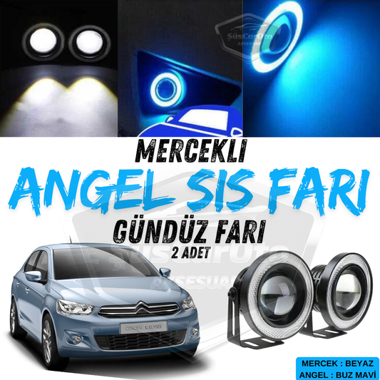 Faro antiniebla universal con lente de ángel para Citroen C Elysee 2012-2023, metálico, impermeable, 76 mm, con anillo azul hielo, luz diurna, Angel Eyes, 2 unidades