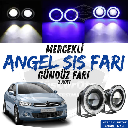 Faro antiniebla universal con proyector de lente, ojos de ángel, compatible con Citroen C Elysee 2012-2023, metal, impermeable, 76 mm, anillo azul, luz diurna, 2 unidades