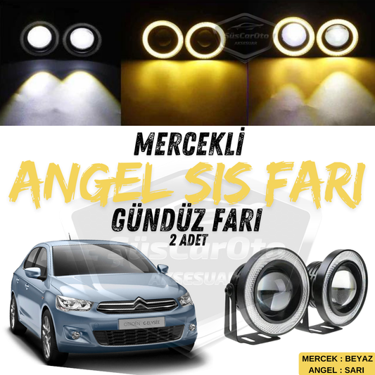Citroen C Elysee 2012-2023 Faro Antiniebla Universal Angel Eye con Lente Metálico Impermeable 76 mm Anillo Amarillo Luz Diurna Angel Eyes 2 Piezas
