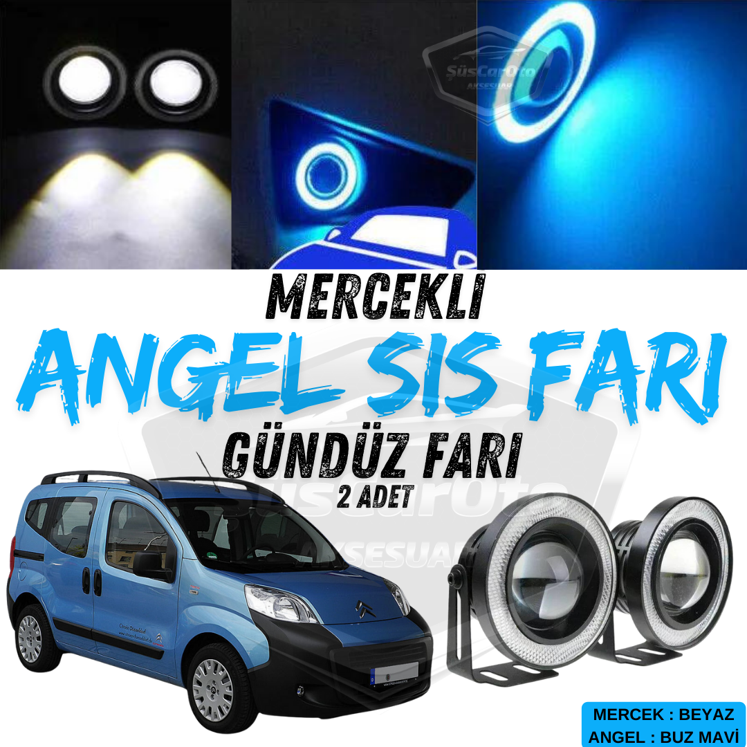 Faros antiniebla universales de lente Angel compatibles con Citroen Nemo 2008-2022, de metal, impermeables, de 76 mm, con anillo azul hielo, luz diurna Angel Eyes, 2 unidades.