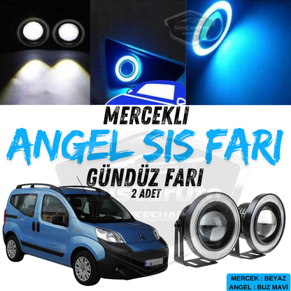 Faros antiniebla universales de lente Angel compatibles con Citroen Nemo 2008-2022, de metal, impermeables, de 76 mm, con anillo azul hielo, luz diurna Angel Eyes, 2 unidades.