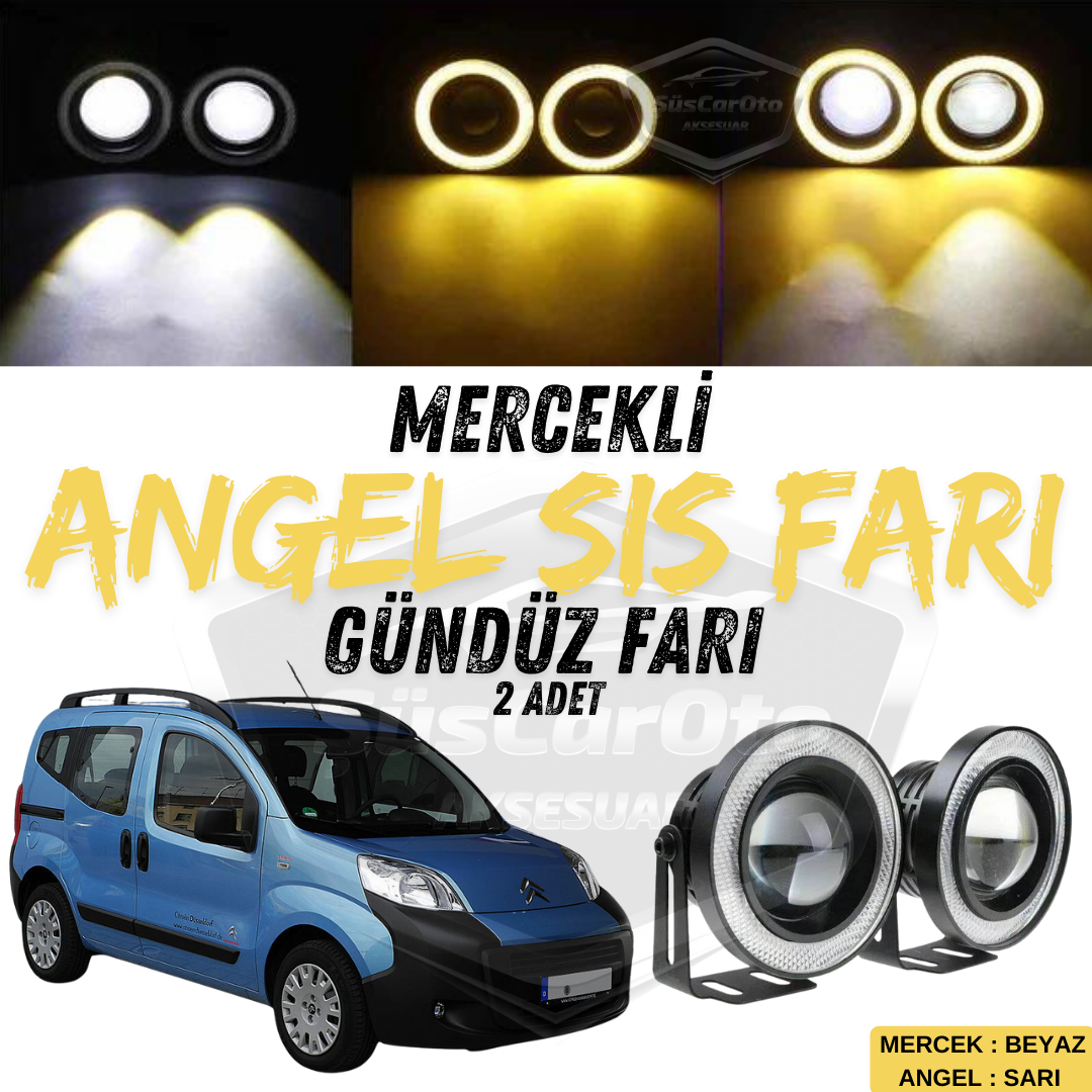 Citroen Nemo 2008-2022 Faros antiniebla universales con lente Angel Eye, metálicos, impermeables, 76 mm, aro amarillo, luz diurna, Angel Eyes, 2 unidades
