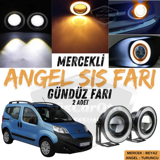 Citroën Nemo 2008-2022, compatible, universal, faro antiniebla con lente Angel, metal, impermeable, 76 mm, con aro naranja, luz diurna, Angel Eyes, 2 unidades.