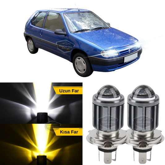 Citroen Saxo 1996-2005 Compatible Faro con Lupa Bombilla LED Xenón Doble Color Amarillo-Blanco Faro Efecto Estroboscópico Lámpara LED CSP Larga Corta 2 Unidades Set