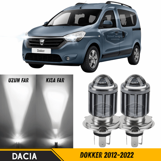 Dacia Dokker 2012-2022 Uyumlu Mercekli Far Ampulü Led Xenon Beyaz Renk Far Şimşek Etkili CSP Led Lamba Uzun Kısa 2 Adet Takım