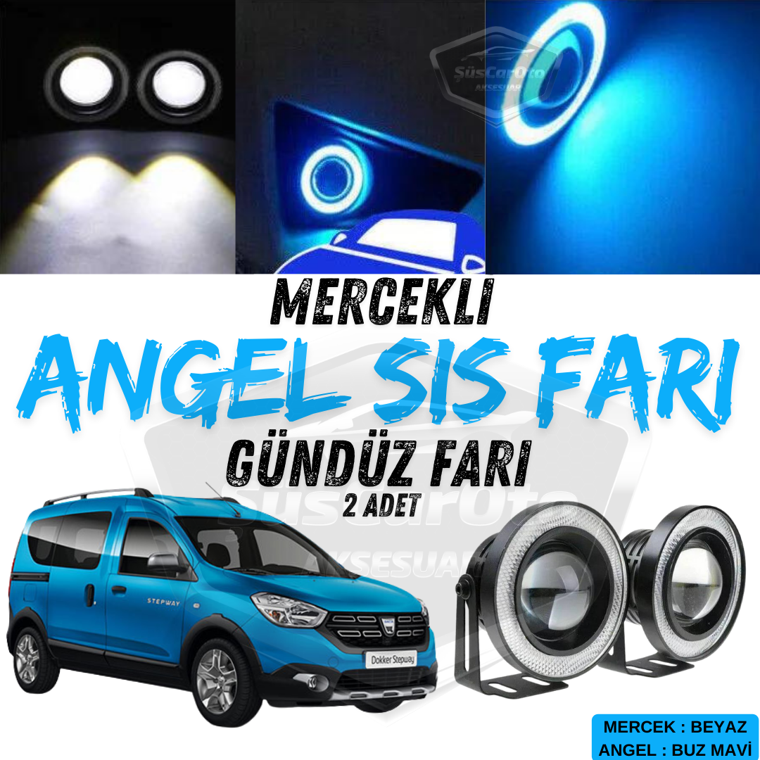 Dacia Dokker 2012-2022 Faros antiniebla universales con lente de ojo de ángel, impermeables, de metal, 76 mm, con luz diurna de anillo azul hielo, angel eyes, 2 unidades