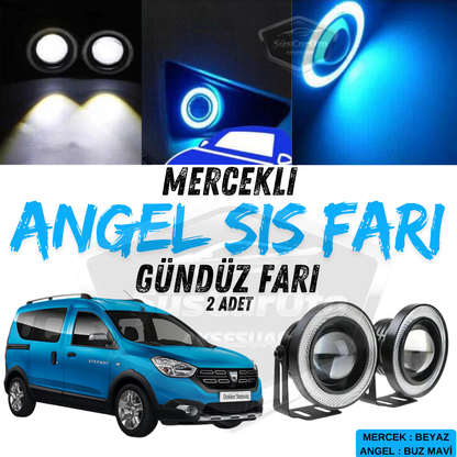 Dacia Dokker 2012-2022 Faros antiniebla universales con lente de ojo de ángel, impermeables, de metal, 76 mm, con luz diurna de anillo azul hielo, angel eyes, 2 unidades