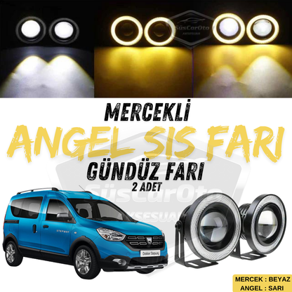 Dacia Dokker 2012-2022 Faros antiniebla universales Angel Eye con lente, impermeables, de metal, 76 mm, con luz de día de halo amarillo, 2 unidades