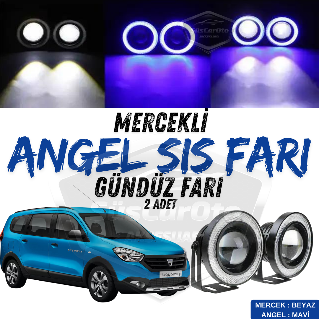 Dacia Lodgy 2012-2022 Luces antiniebla universales con lente de proyector, impermeables, metálicas, 76 mm, con halo azul, luces diurnas Angel Eyes, 2 unidades