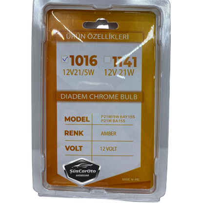 Diadem Bombilla Cromo Ámbar Doble Contacto Luz de Posición Señal Freno 1016 12V21/5W Luz Naranja P21W Base Plana (2 unidades)