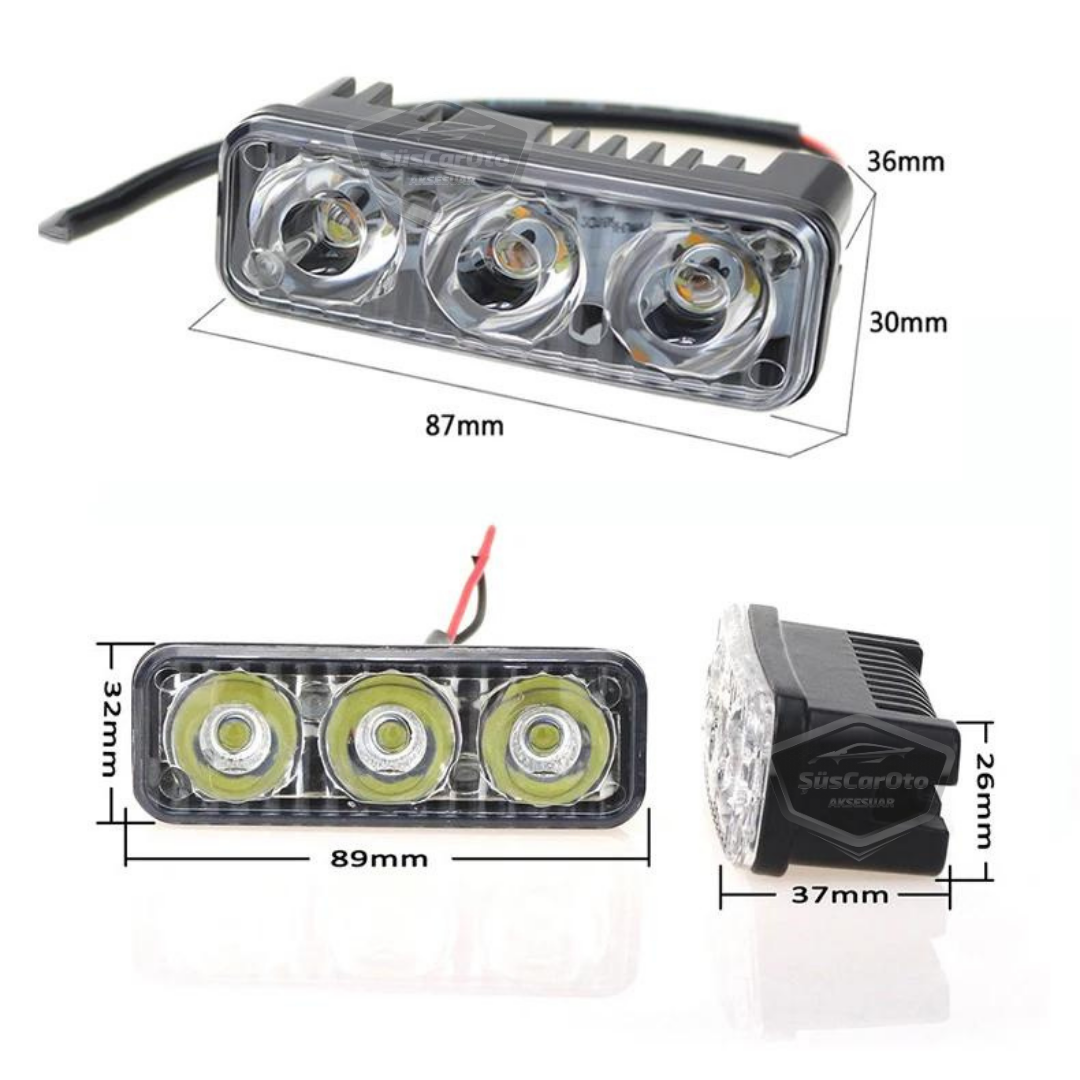 DRL 3 luces LED con lente para coche, luz diurna, moto, LED diurno, lámpara LED de coche DRL, luz potente 12V, impermeable, metal, blanco, 2 unidades