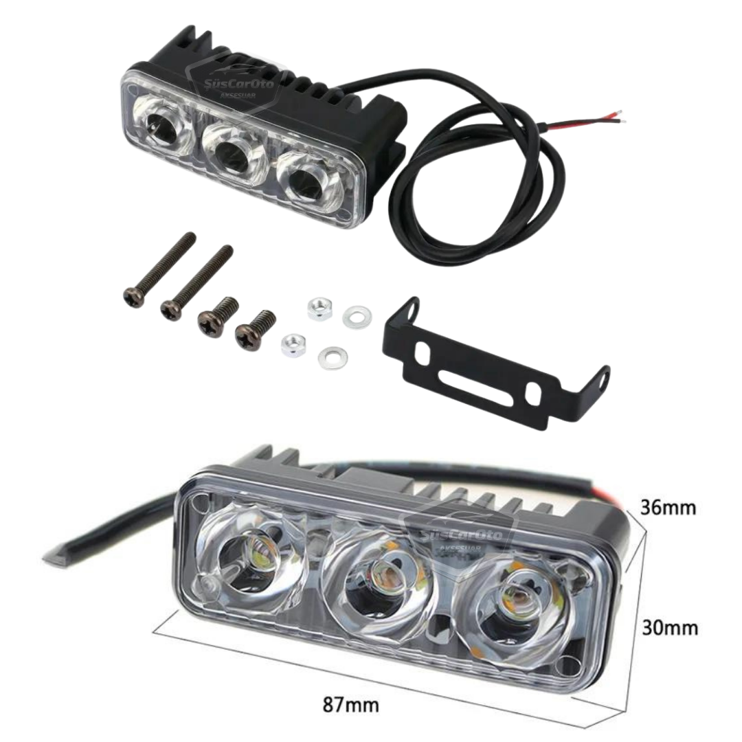 DRL 3 luces LED con lente para coche, luz diurna, moto, LED diurno, lámpara LED de coche DRL, luz potente 12V, impermeable, metal, blanco, 2 unidades