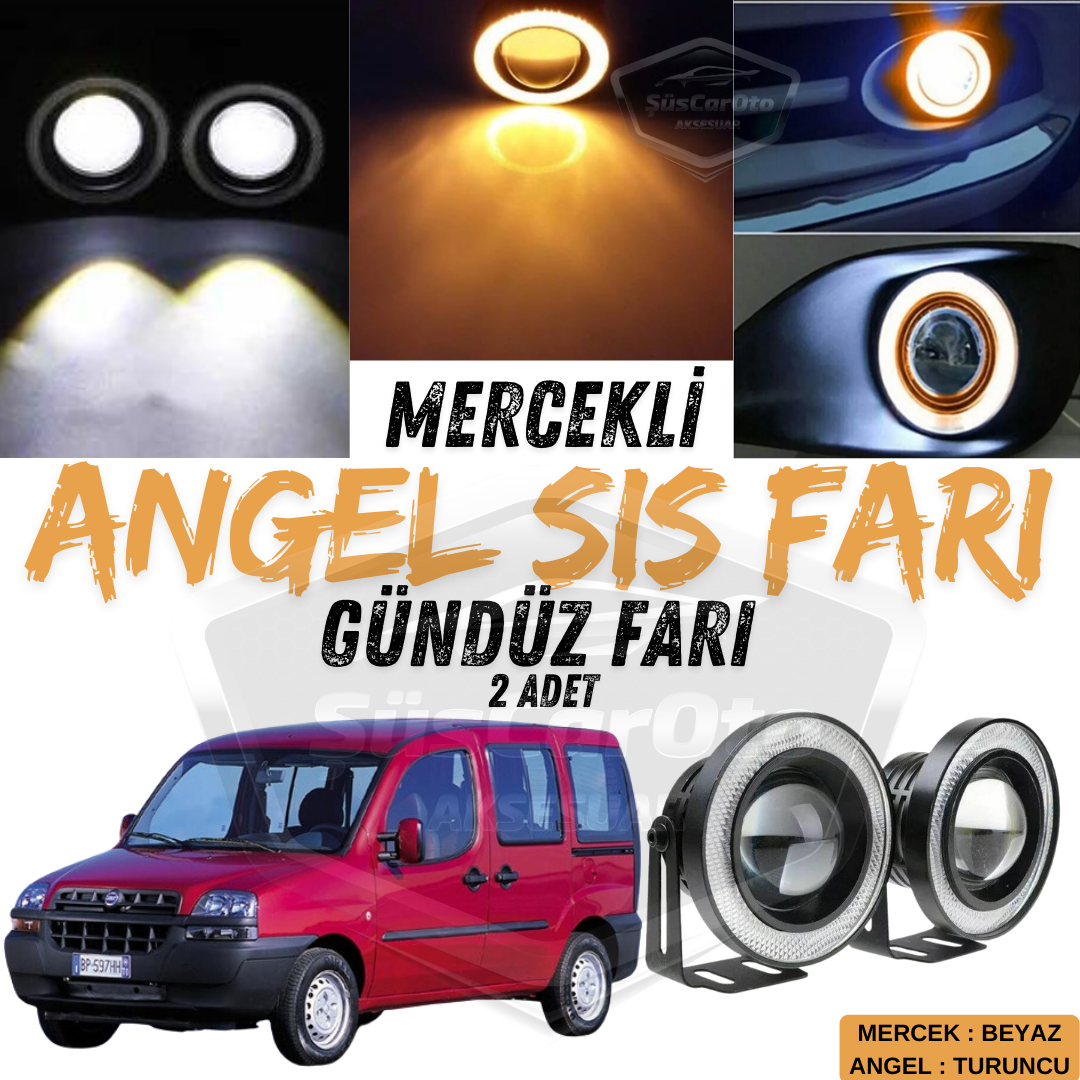 Faro antiniebla universal Fiat Doblo D1 2000-2005 compatible con proyector de lente, ojos de ángel de metal impermeable de 76 mm con aro naranja, luces de circulación diurna, 2 unidades