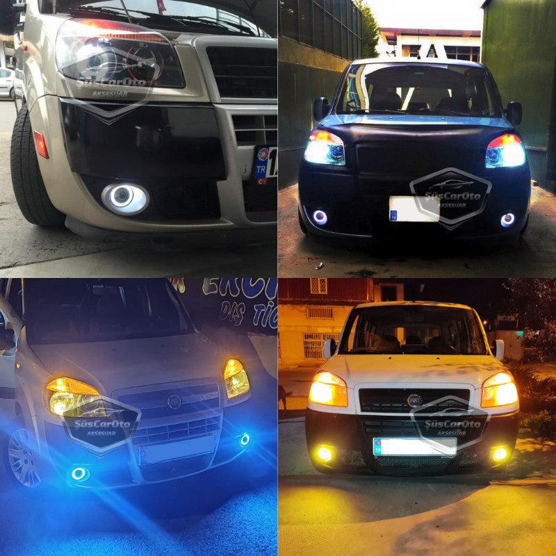 Faros antiniebla universales de lente Angel Angel Eyes de metal impermeables de 76 mm con aro azul hielo y luz diurna compatibles con Fiat Doblo D2 2005-2010 - 2 unidades