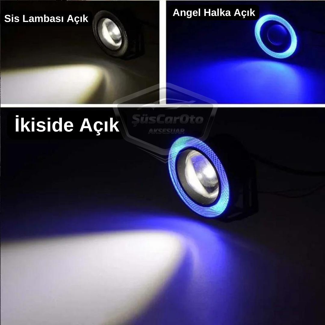 Faros antiniebla universales de lente Angel Angel Eyes de metal impermeables de 76 mm con aro azul hielo y luz diurna compatibles con Fiat Doblo D2 2005-2010 - 2 unidades