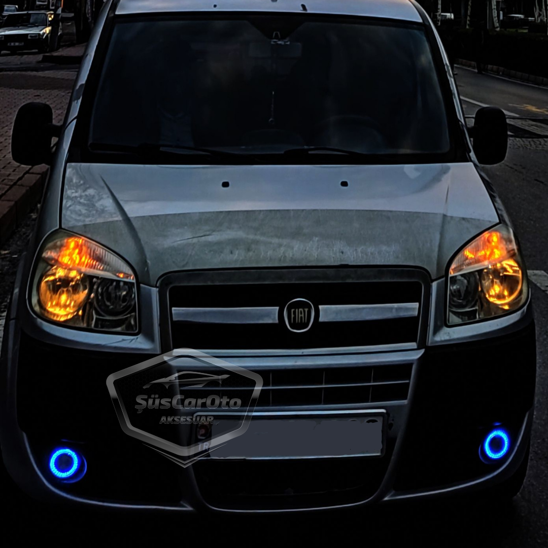 Faros antiniebla universales de lente Angel Angel Eyes de metal impermeables de 76 mm con aro azul hielo y luz diurna compatibles con Fiat Doblo D2 2005-2010 - 2 unidades