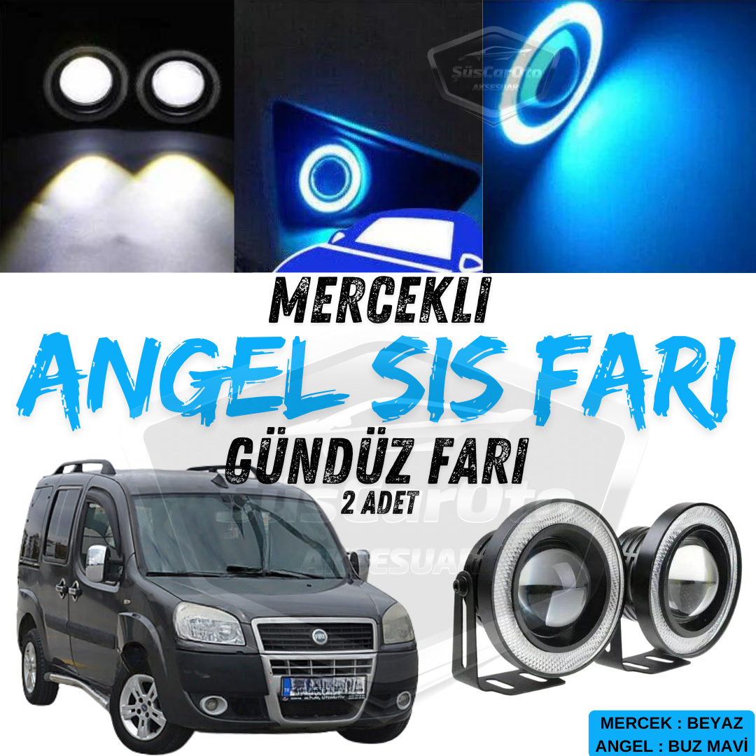 Faros antiniebla universales de lente Angel Angel Eyes de metal impermeables de 76 mm con aro azul hielo y luz diurna compatibles con Fiat Doblo D2 2005-2010 - 2 unidades