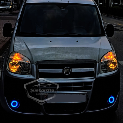 Faro antiniebla universal angel eye con lente, compatible con Fiat Doblò D2 2005-2010, metálico, impermeable, 76 mm, luz diurna de aro amarillo, Angel Eyes, 2 unidades