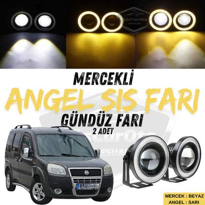 Faro antiniebla universal angel eye con lente, compatible con Fiat Doblò D2 2005-2010, metálico, impermeable, 76 mm, luz diurna de aro amarillo, Angel Eyes, 2 unidades