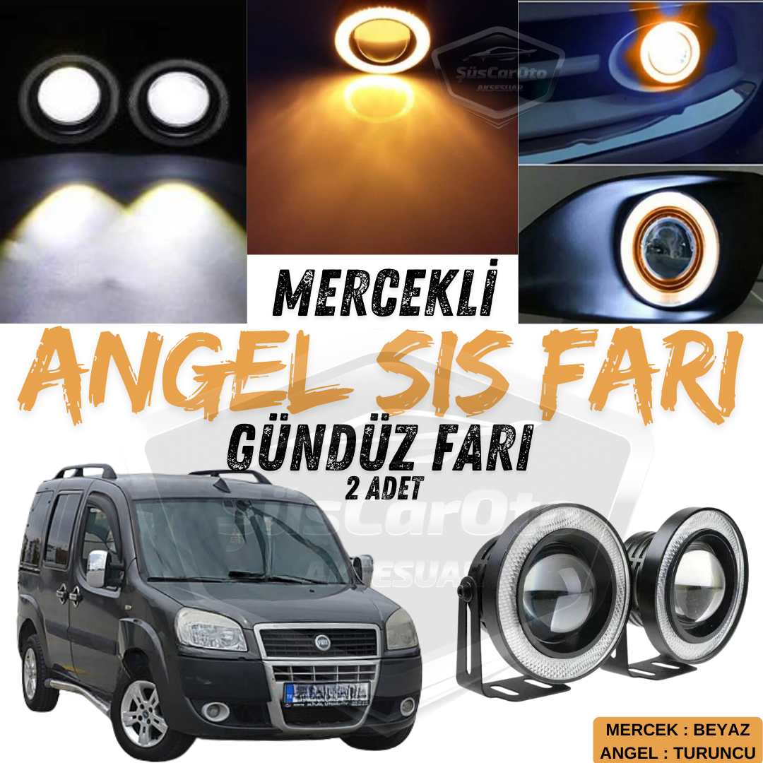 Faros antiniebla universales de lente Angel para Fiat Doblo D2 2005-2010, metálicos, impermeables, 76 mm, con anillo naranja, luces diurnas Angel Eyes, 2 unidades