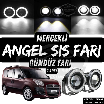Fiat Doblo D3 2010-2015 Faros antiniebla universales con lupa, tipo Angel Eye, metálicos, impermeables, 76 mm, con aro blanco, luz diurna, 2 unidades