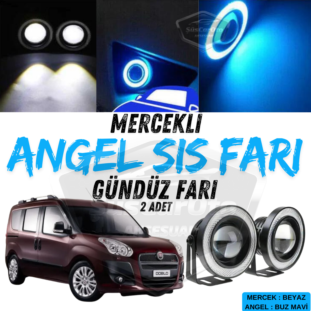 Fiat Doblo D3 2010-2015 Compatible Faros Antiniebla Universales con Lente y Anillo Luminoso Angel Eyes, Metálicos, Impermeables, 76 mm, Anillo Azul Hielo, Luces Diurnas, 2 Unidades