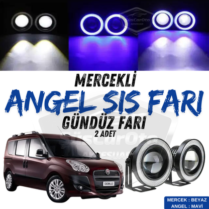 Fiat Doblo D3 2010-2015 Faros antiniebla Angel Eye universales con lente, carcasa metálica, impermeables, 76 mm, con anillo azul, luces diurnas, Angel Eyes, 2 unidades
