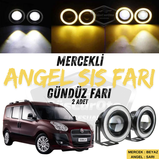 Fiat Doblo D3 2010-2015 Faros antiniebla universales Angel Eye con proyector de metal, impermeables, 76 mm, con anillo amarillo, luz diurna, Angel Eyes, 2 unidades