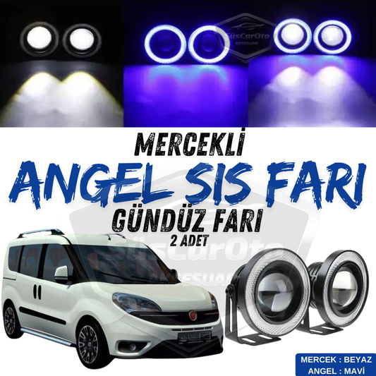 Fiat Doblo D4 2015-2021 Compatible con faro antiniebla universal con lente Angel, impermeable, metálico, 76 mm, aro azul, luz diurna, Angel Eyes, 2 unidades
