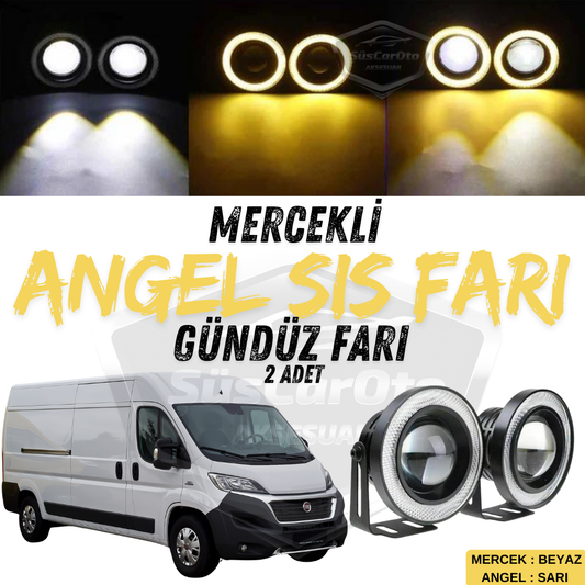 Faros Antiniebla Angel Eyes Universales de Lente, Compatibles con Fiat Ducato, Metálicos, Impermeables, 76 mm, con Aro Amarillo, Luz Diurna, 2 Unidades