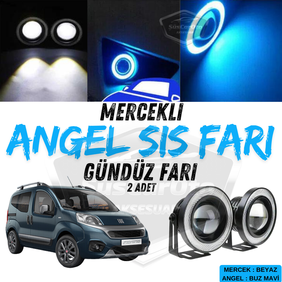 2 Faros Antiniebla Universales Angel Eyes con Lente, Metálicos, Impermeables, 76 mm, Anillo Azul Hielo, Luces Diurnas, Compatibles con Fiat Fiorino 2008-2023