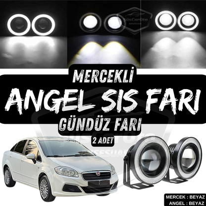 Fiat Linea 2007-2018 - Faros antiniebla universales tipo proyector Angel Eye de metal impermeables de 76 mm con aro blanco y luz diurna LED Angel Eyes (2 unidades)
