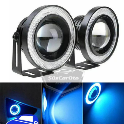 Faro antiniebla universal Fiat Linea 2007-2018 con lentes Angel Eyes, carcasa metálica, impermeable, 76 mm, halo azul hielo, 2 unidades.